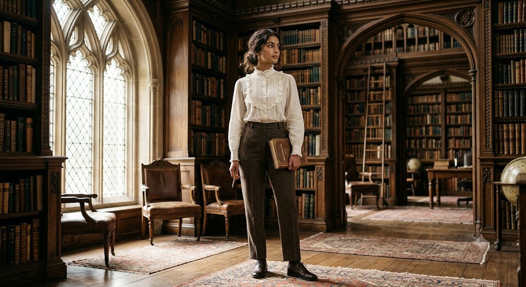 Antique Ruffled Blouse and Tweed Trousers